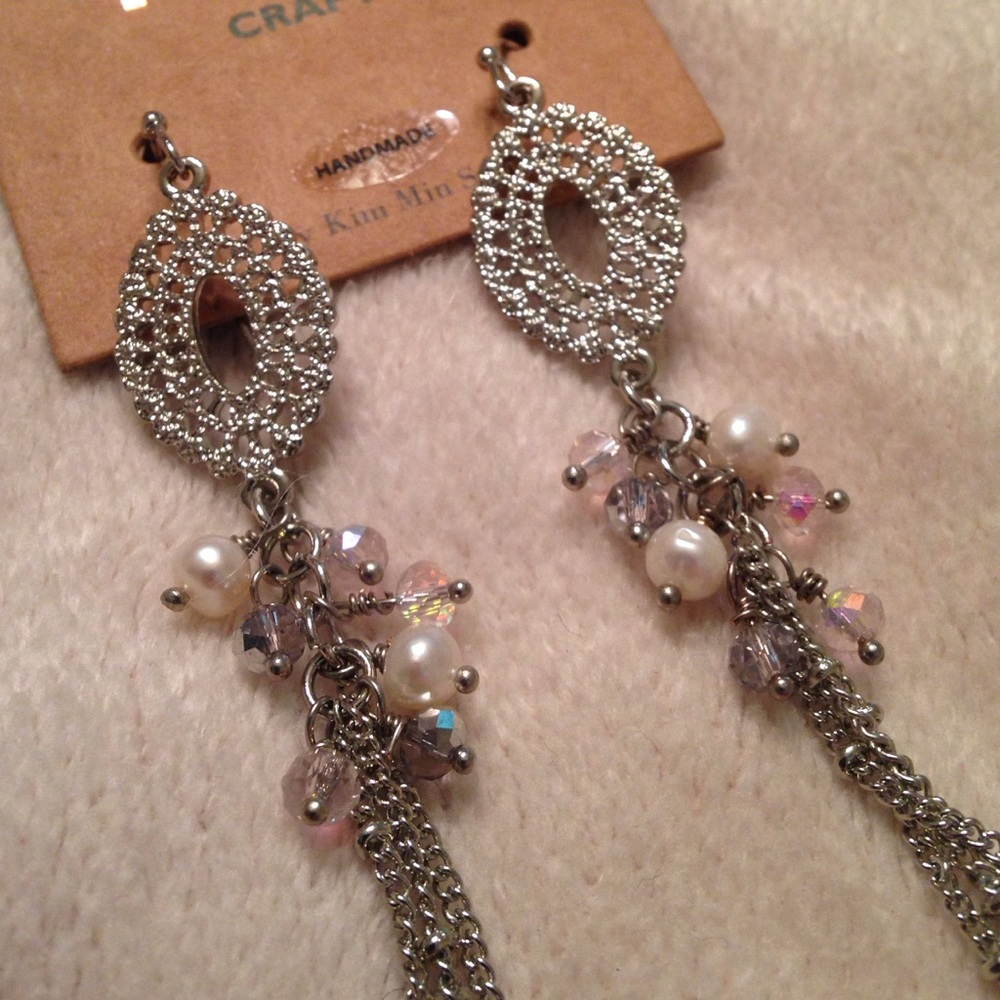 MIA Silver Chandelier Earrings with Pearl & Lilac Crystal Drops (NWT)